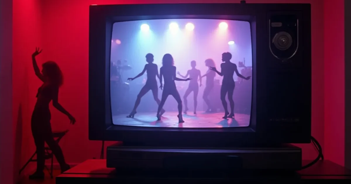 1994 TV set playing a Eurodance video - neon room, dancers, VCR below the screen