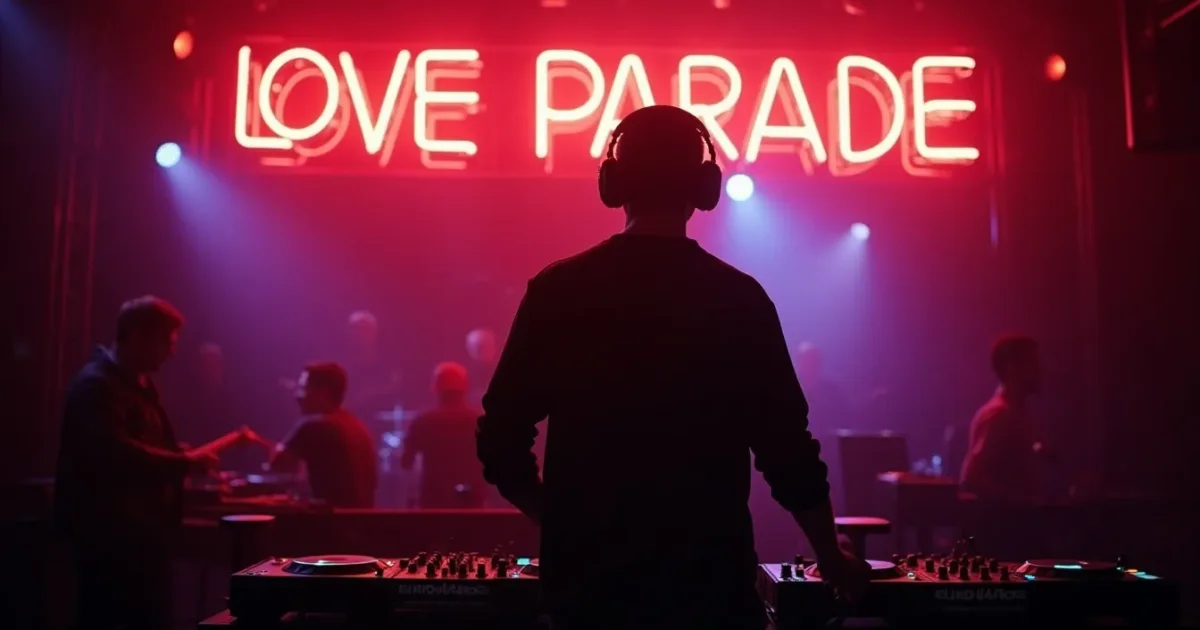 Силуэт диджея за пультом в немецком клубе 1993 года, неоновая вывеска Love Parade, виниловые пластинки Eurodance