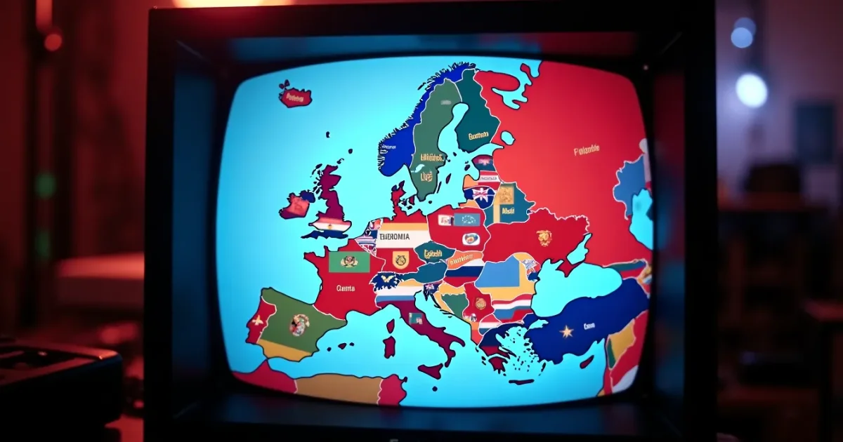 Map of Europe on a 1994 studio monitor - country flags and Eurodance group names on sticky notes