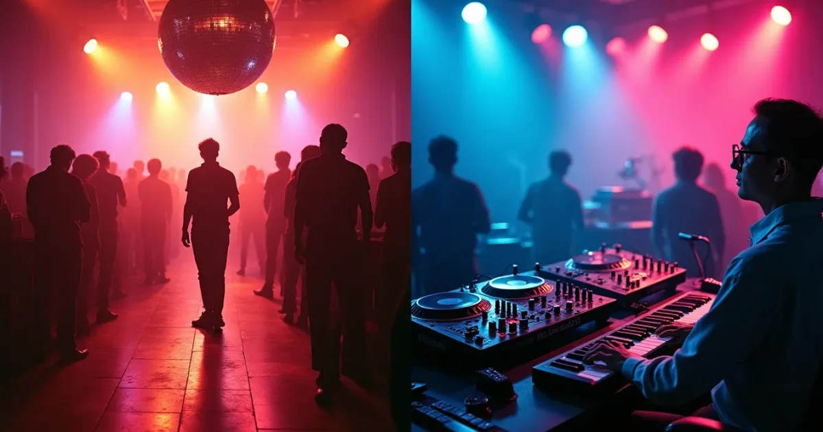 Collage - left a 1977 disco dancefloor with mirrorball, right a 1994 studio with Roland TR-909 and Korg M1