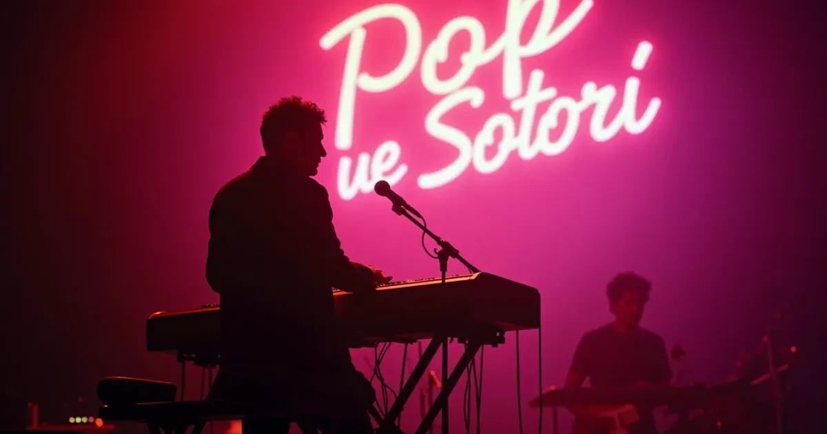 Étienne Daho on stage in Paris, 1986 - compact Roland synthesizer, neon "Pop Satori" projection behind him