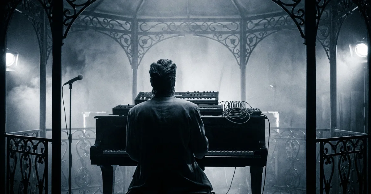 Gazebo at a piano with a synthesizer - black-and-white mid-'80s aesthetic