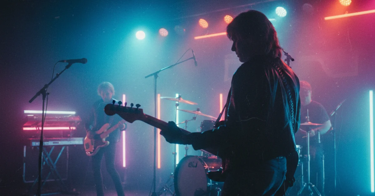 A frame from a contemporary film with '80s retro aesthetics, neon colors, cinematic light
