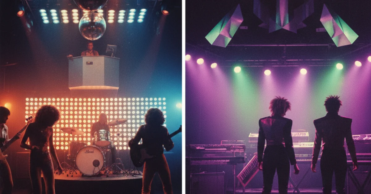 Разделённый кадр: с одной стороны американский клуб 70-х Studio 54, с другой итальянская дискотека 80-х