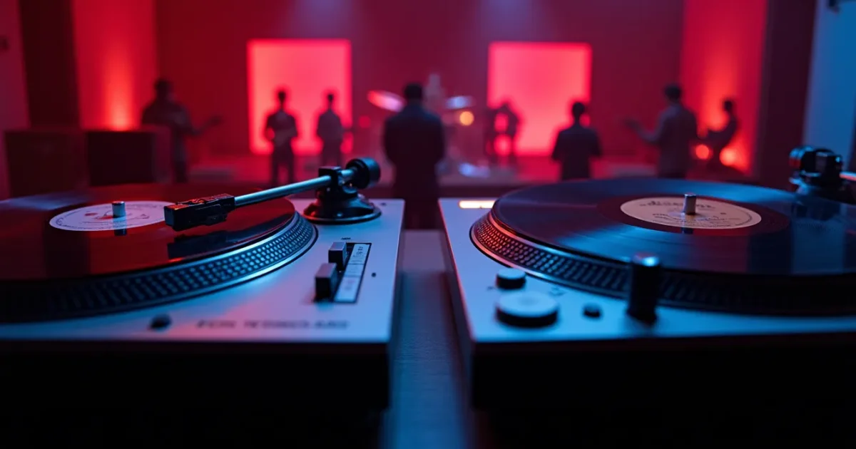 Two vinyl turntables side by side: one with an Italo Disco neon sleeve, the other with a 1981 synth-pop album