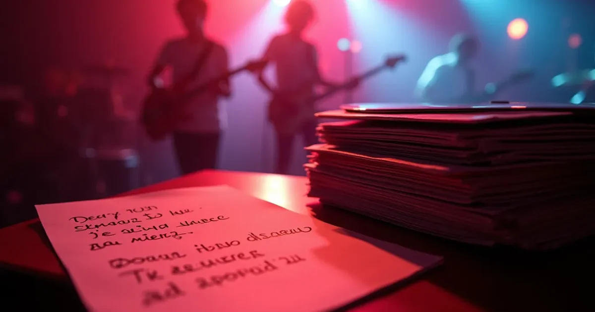 A handwritten Russian translation of an Italo Disco lyric on paper next to a stack of 12-inch vinyl records