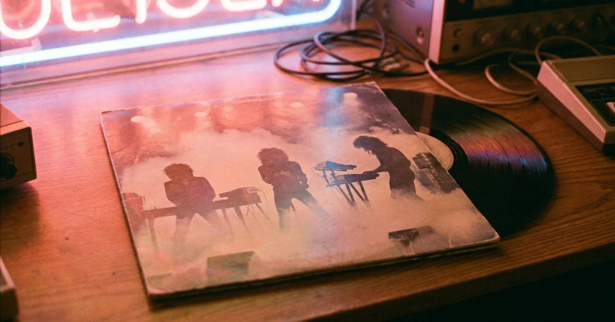 A vinyl record with an early-'80s Italo Disco group sleeve, signature era aesthetics