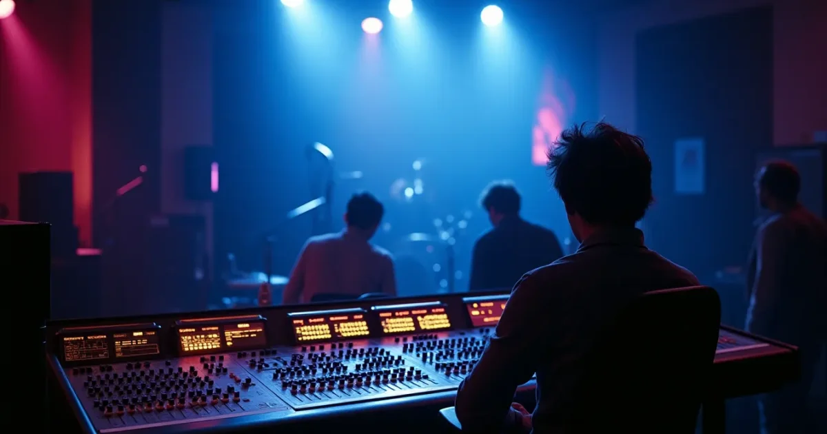 German recording studio in 1986, mixing console with faders, K.B. Caps 12-inch single on the stand, neon-blue lighting