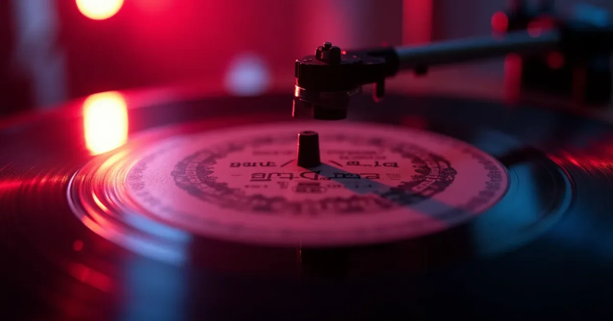 Close-up of the runout area of a vinyl record, matrix numbers etched between the groove and the label, studio lighting