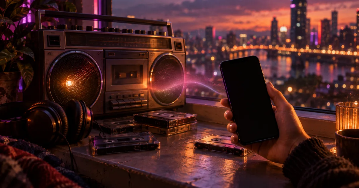 A hand holding a smartphone next to an old cassette boombox on a windowsill, tapes and headphones around, an evening city outside