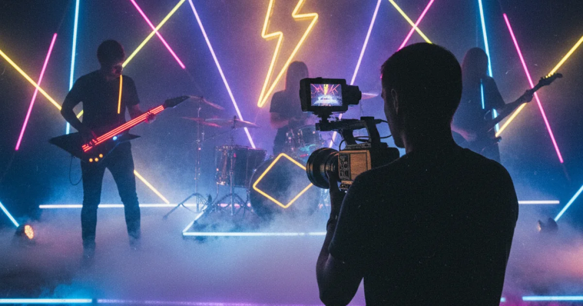 A modern operator shoots a retro video with signature '80s aesthetics - neon, smoke machine