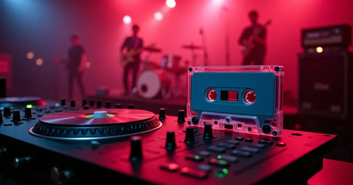 A Soviet-era cassette and an Italo Disco 12-inch remix on a mixing desk, neon lighting