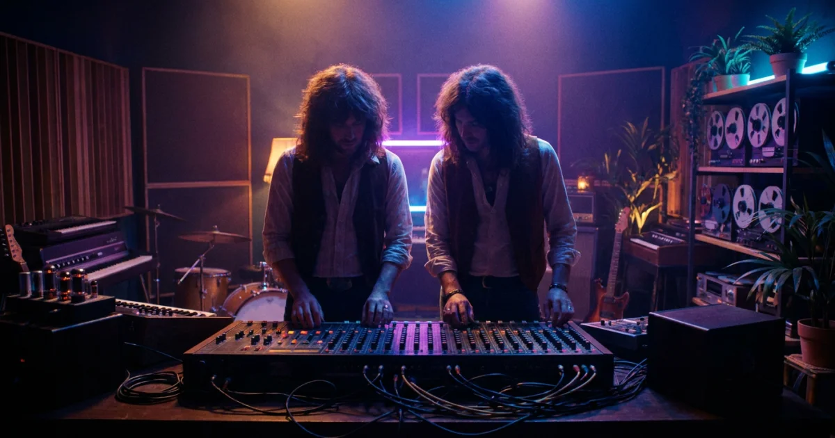 The La Bionda brothers in a late-'70s studio with signature southern Italian aesthetics and long hair