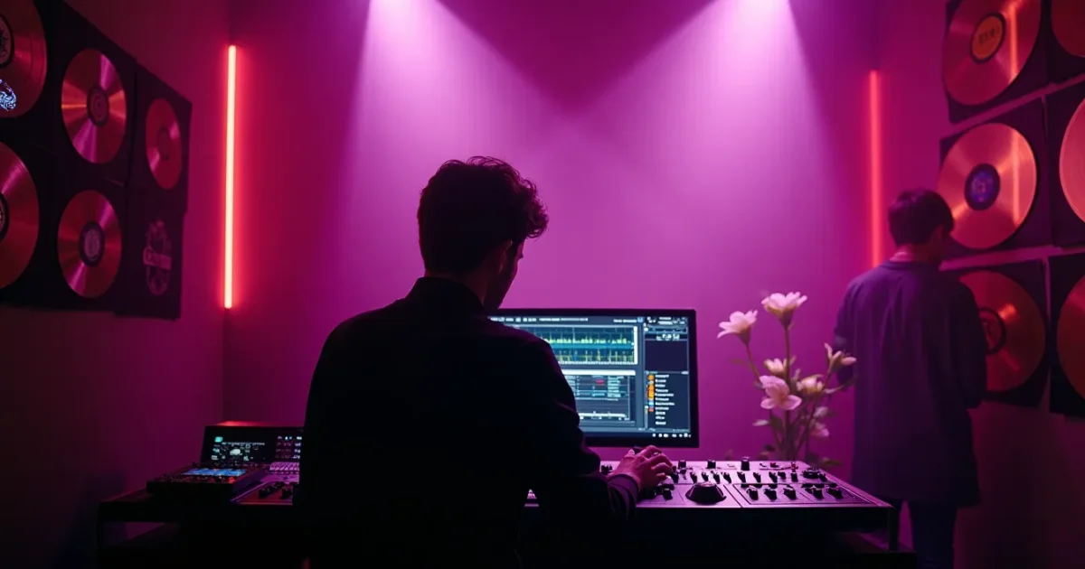 Off Limits studio in Reggio Emilia - silhouette of a producer at an automation console, gold records of Whigfield and Spagna on the wall, neon-purple lighting
