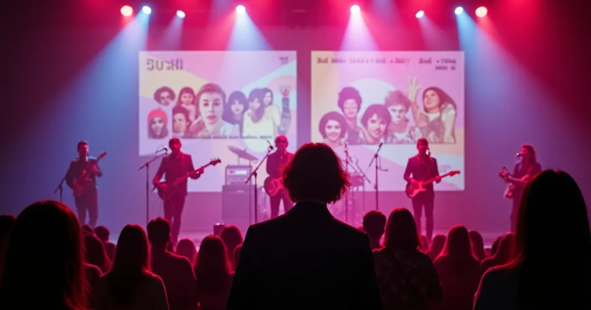 Concert stage at "Diskoteka 80-kh" - several singers with microphones at different stage levels, cassette covers of "Laskovyy mai" projected on the backdrop, neon lighting