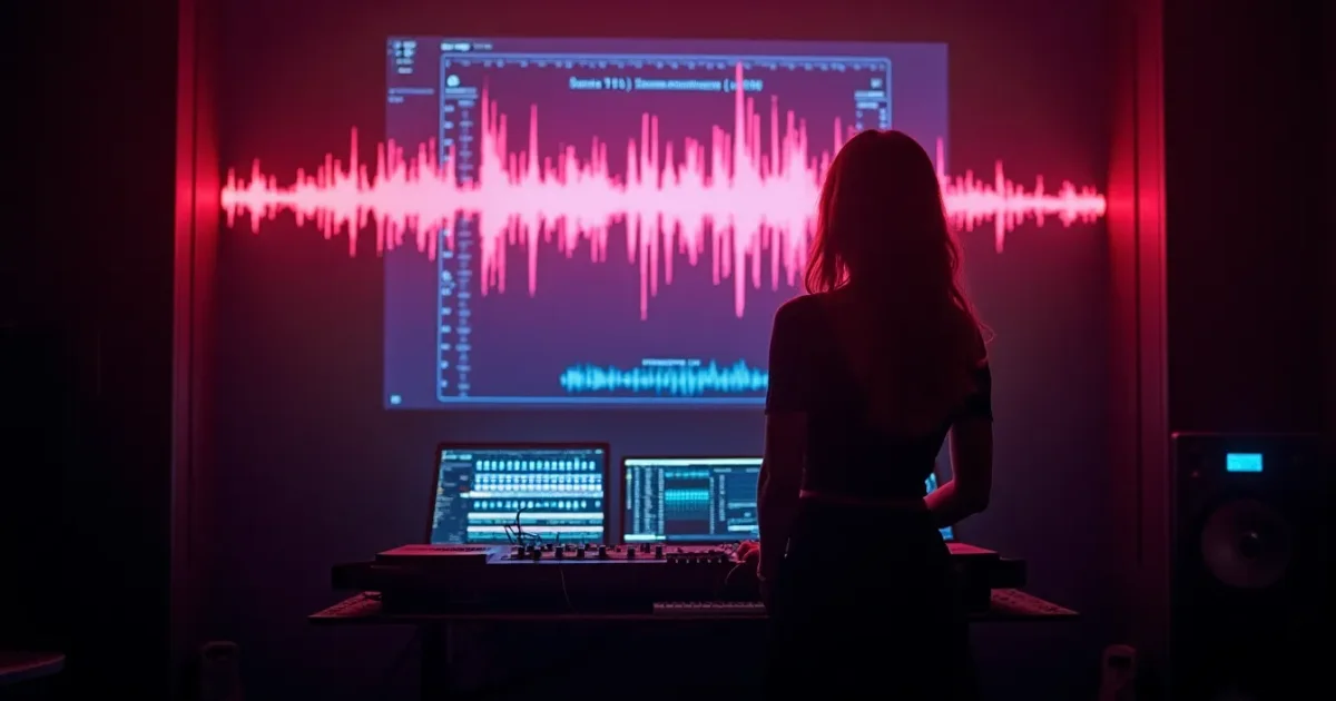 Экран студии с двумя дорожками - сверху waveform оригинальной «Седой ночи» 1988 года с «дышащей» динамикой, снизу рейв-ремикс 1996 года с ровным уровнем и плотным битом, на пульте приклеена