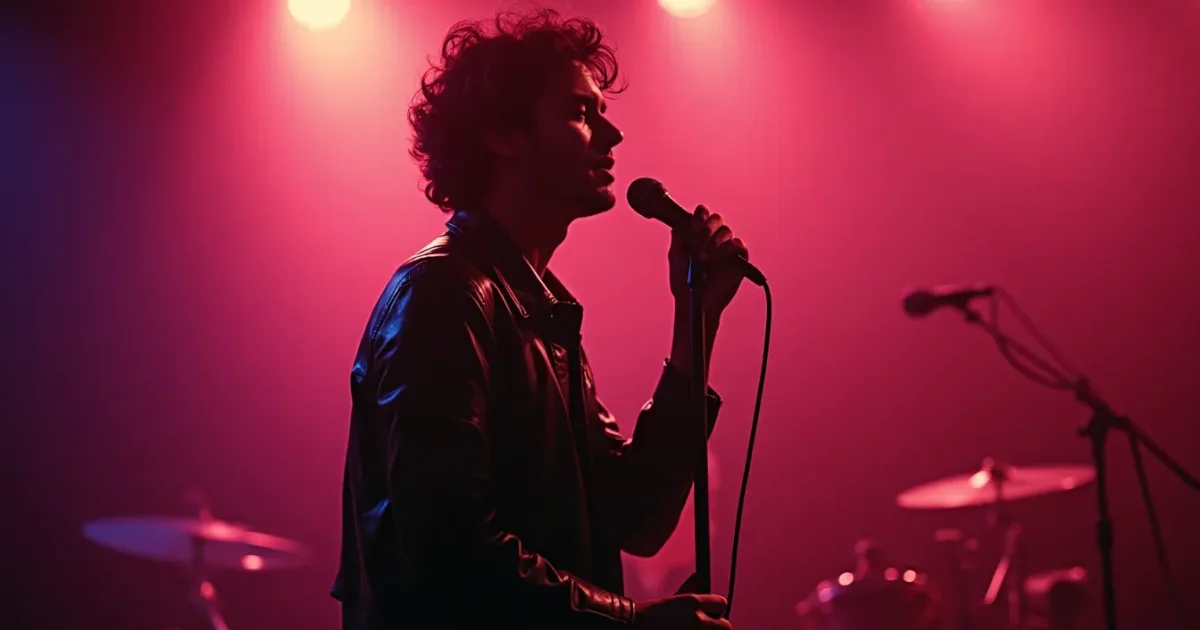 Den Harrow (silhouette) performing, 1986 - leather jacket, stage lights, microphone