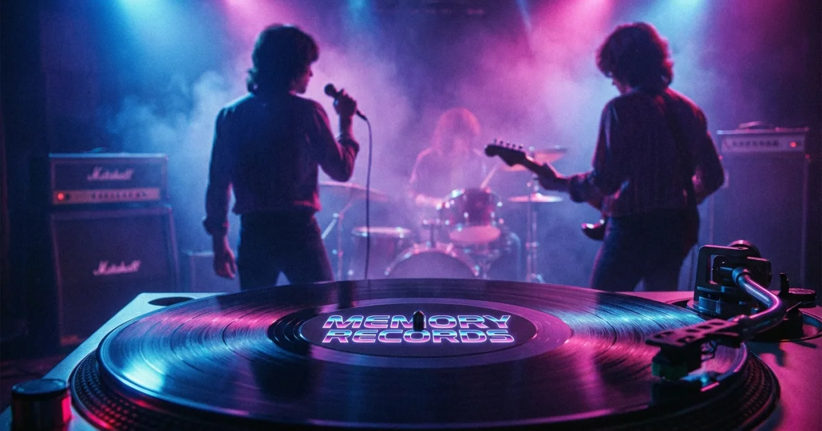 Логотип Memory Records на виниловой пластинке, эстетика середины 80-х