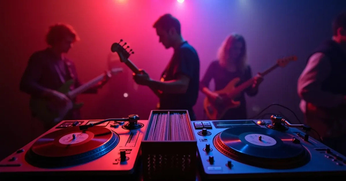 DJ booth at an 80s-90s party - two vinyl turntables, between them a crate of records: on the left italo-disco covers from the 80s (Savage, Ryan Paris), on the right 90s Eurodance (Snap!, 2