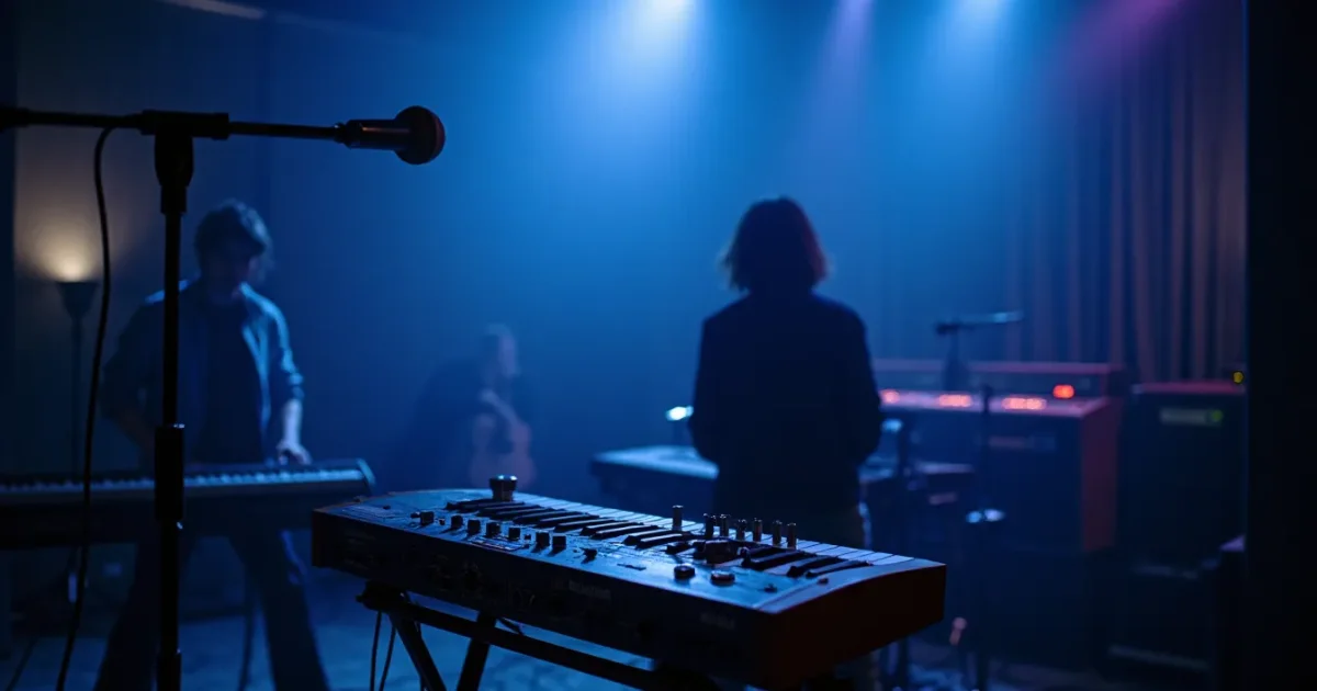 Recording studio in 1981, Roland Jupiter-8 synthesizer on a stand, microphone, MIDI cables, neon-blue lighting