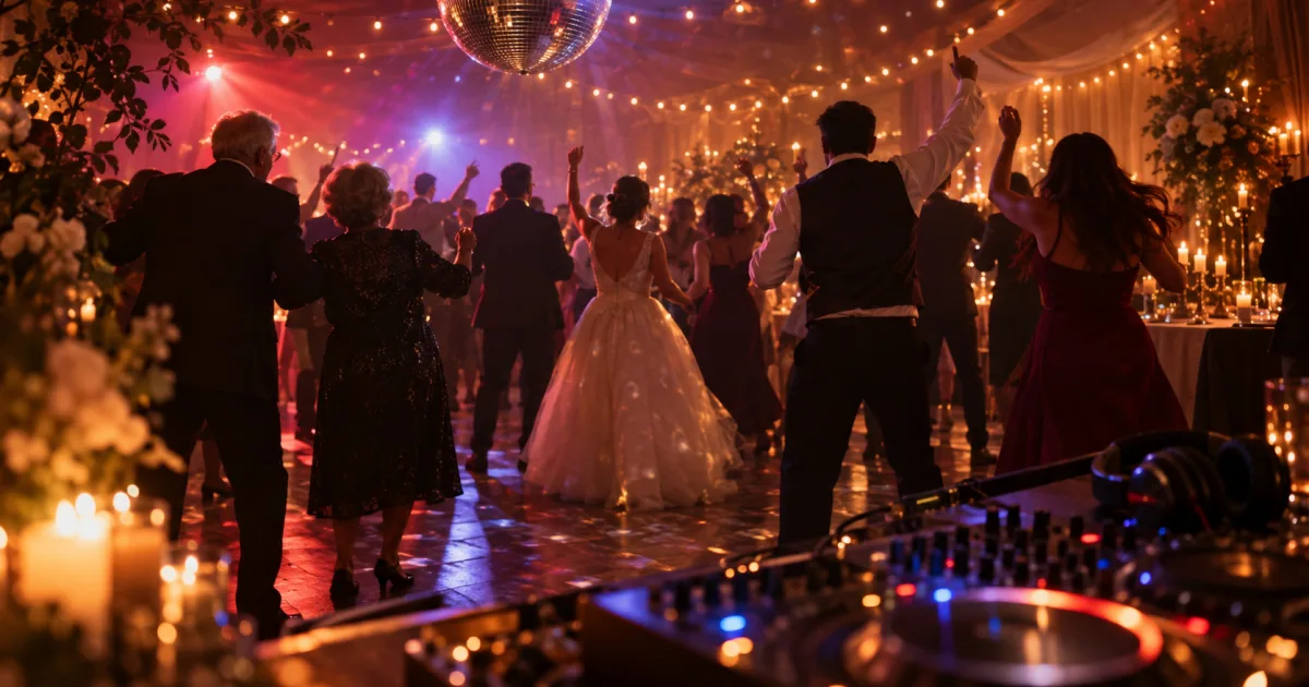 A wedding hall at night: guests of different ages dancing under a mirror ball, the bride in a white dress among them, a DJ desk in the foreground