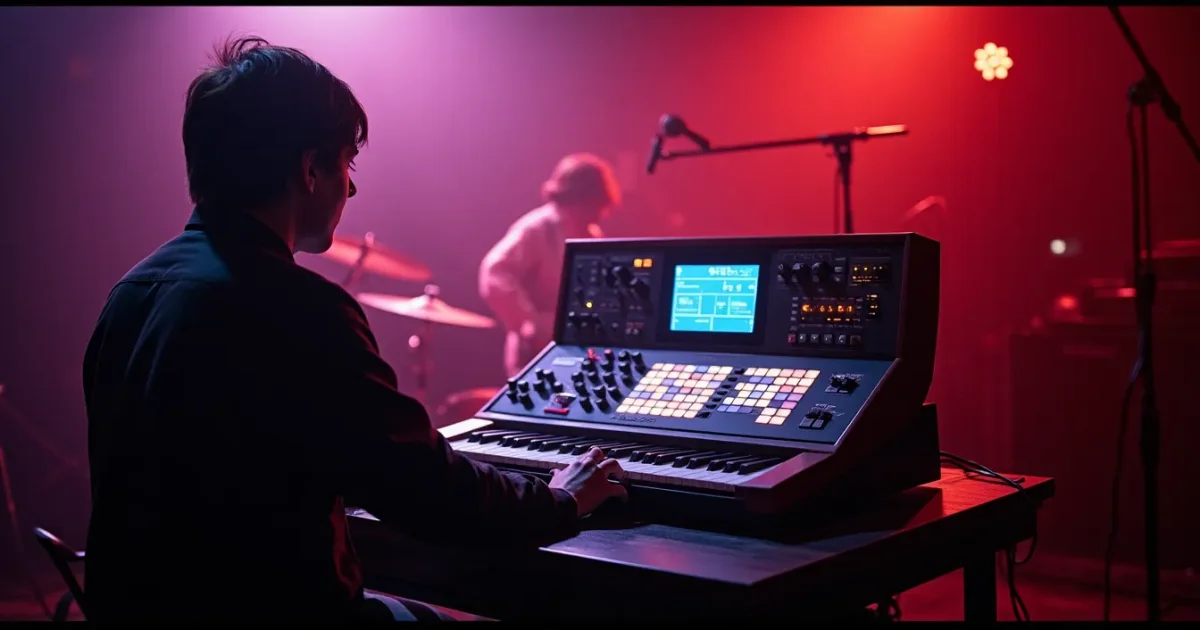 Драм-машина Roland TR-808 в студии, 1983 - шаговые кнопки, слайдеры, экран с паттерном 16 шагов; неоновый свет