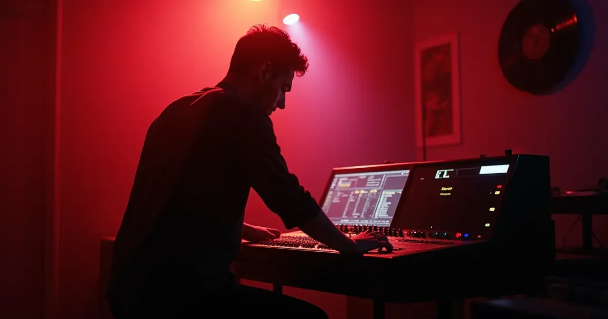 Milan, studio 1985 - silhouette of a man at the console, Den Harrow vinyl on the wall, red recording indicator