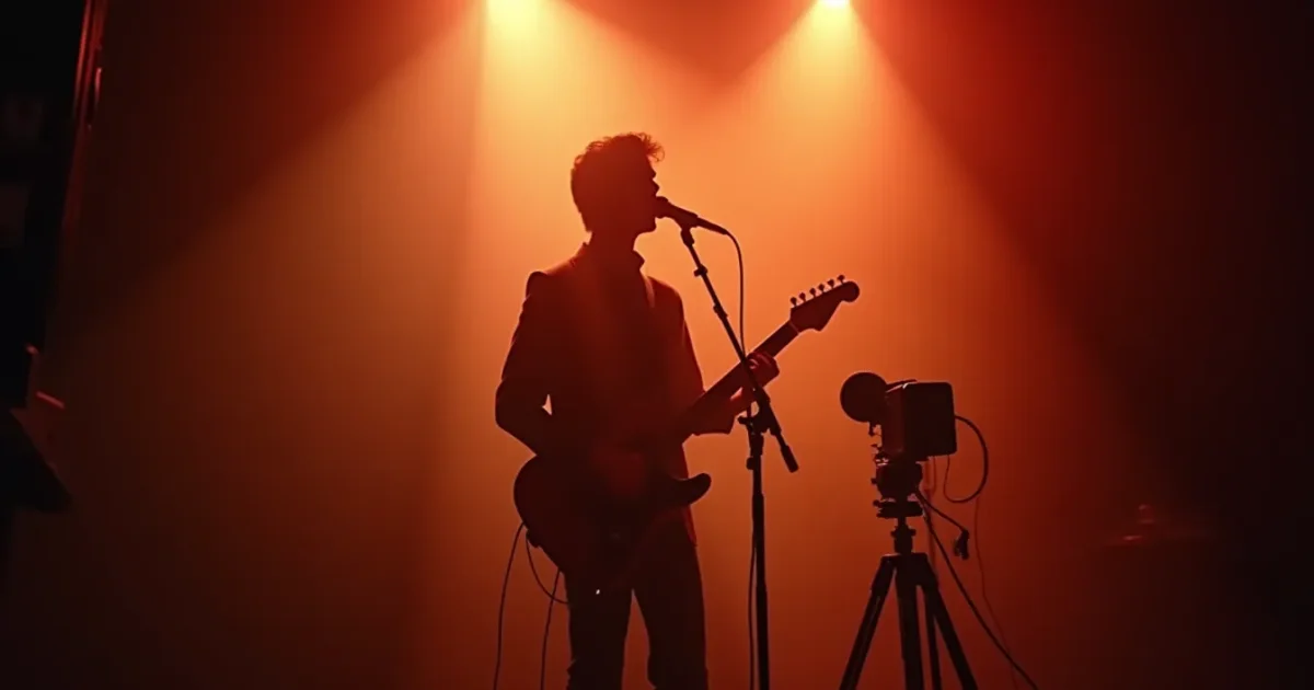 A mid-1990s ORT television studio stage - silhouette of a singer at a microphone against a collective-farm yard set, a TV camera on a tripod to the right; dim studio lighting, warm-toned frame