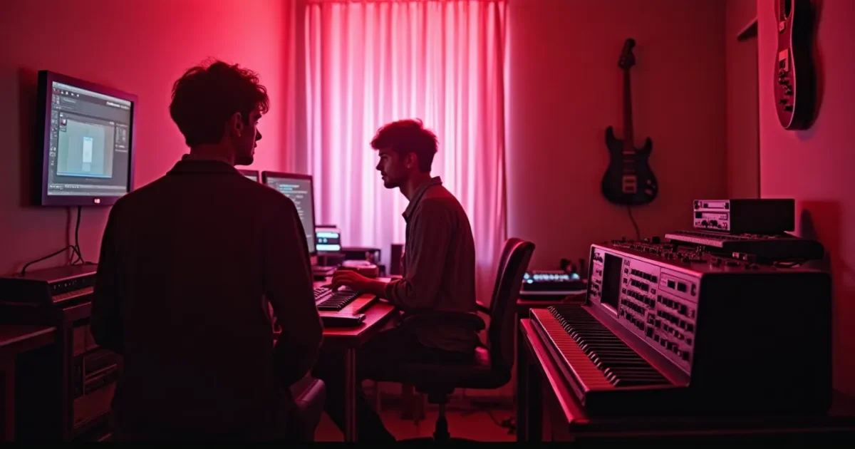 Soviet studio, 1985 - Polivox and Elektronika EM-25 synths, cassette recorder, guitar on the wall
