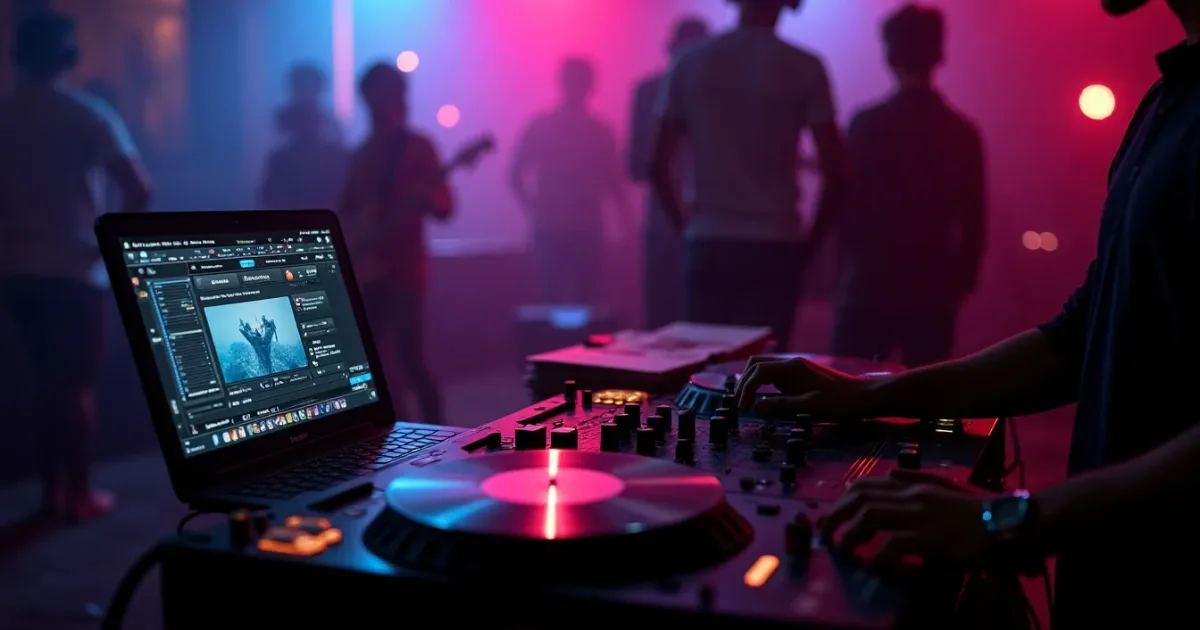 DJ за пультом с двумя деками, на экране - диаграмма LUFS-метра, рядом стопка виниловых 12-дюймовых синглов с каверами 80-х и современный ноутбук со стем-сепарацией