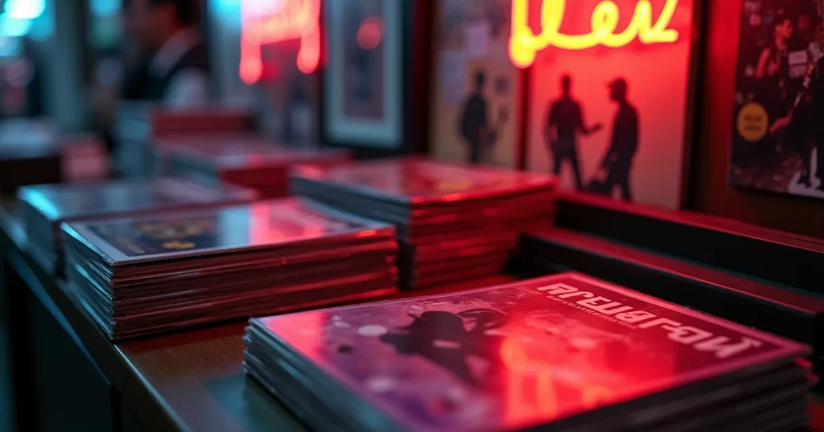 A stack of cassette and CD compilations "Танцевальный Рай" and numbered "Soyuz" series from 1997-2003 on a music-kiosk counter; in the foreground - the cover of "Танцевальный Рай 1" with a neon