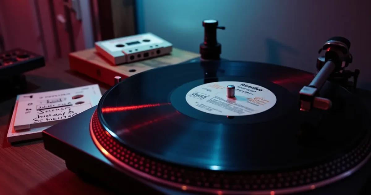 Vinyl record "Melodiya" S62 28083 003 on a turntable, side B labeled "Sedaya noch", next to a cassette with handwritten label "Laskovyy mai 1988", dim light of a boarding school interior