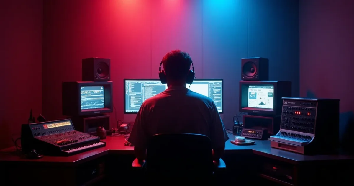 A studio desk in 1985 - Linn LM-1, E-mu Emulator II, a Fairlight CMI with two monitors on the wall