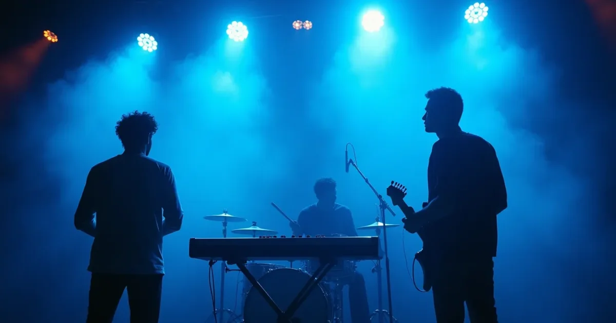 Three silhouettes on stage - vocalist, keyboardist, drummer - blue smoke, neon lighting, 1986