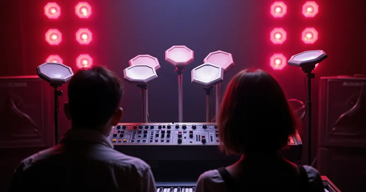 Simmons SDS-V in the studio, 1981: five hexagonal pads on stands, a rack "brain" with noise/tone/bend/decay knobs