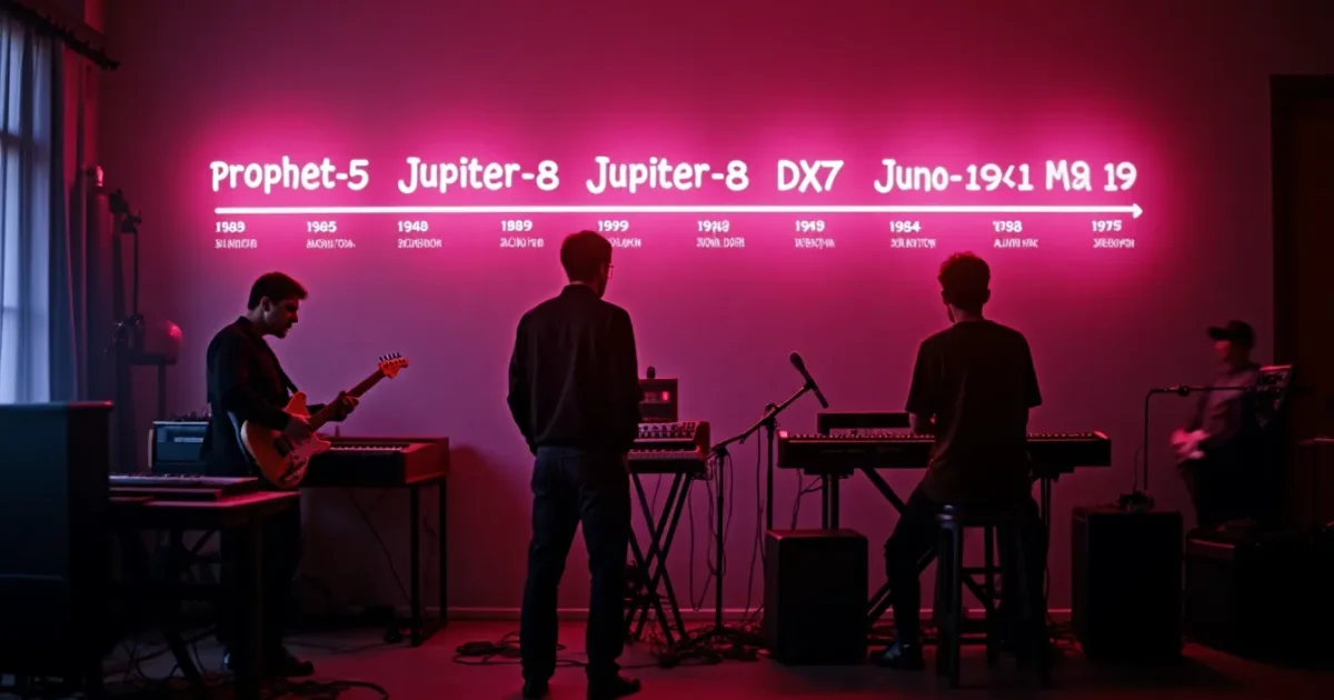 Таймлайн синтезаторов 1980-1989 на стене студии - Prophet-5, Jupiter-8, DX7, Juno-106, M1 - с годами и ценами, неоновый контур