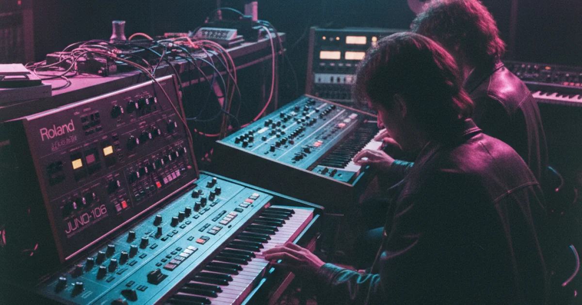 Ряд винтажных синтезаторов 80-х - Roland Juno, Yamaha DX7, Korg - в студии