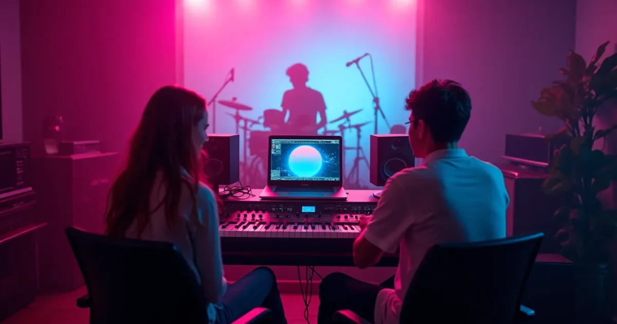 Modern home studio in 2026 with a neon-lit synthesizer, laptop and speakers playing synth-pop