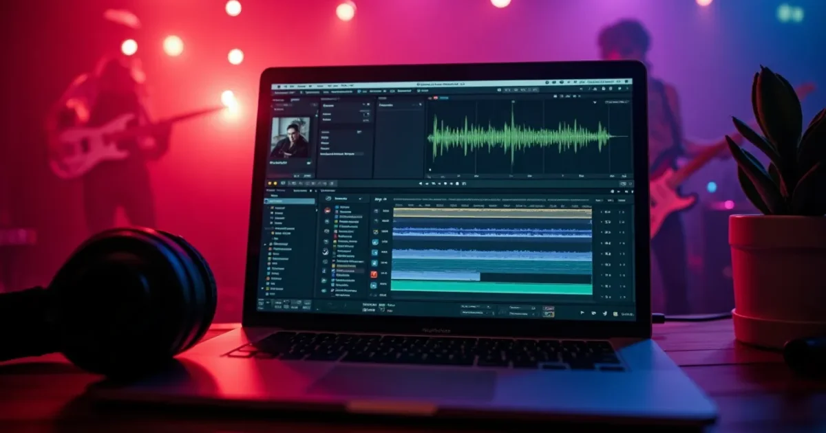 laptop screen with Logic Pro 11 DAW open, Stem Splitter window separating an audio file into four tracks - vocals, bass, drums, guitar, beside it wireless headphones and an 80s vinyl single for