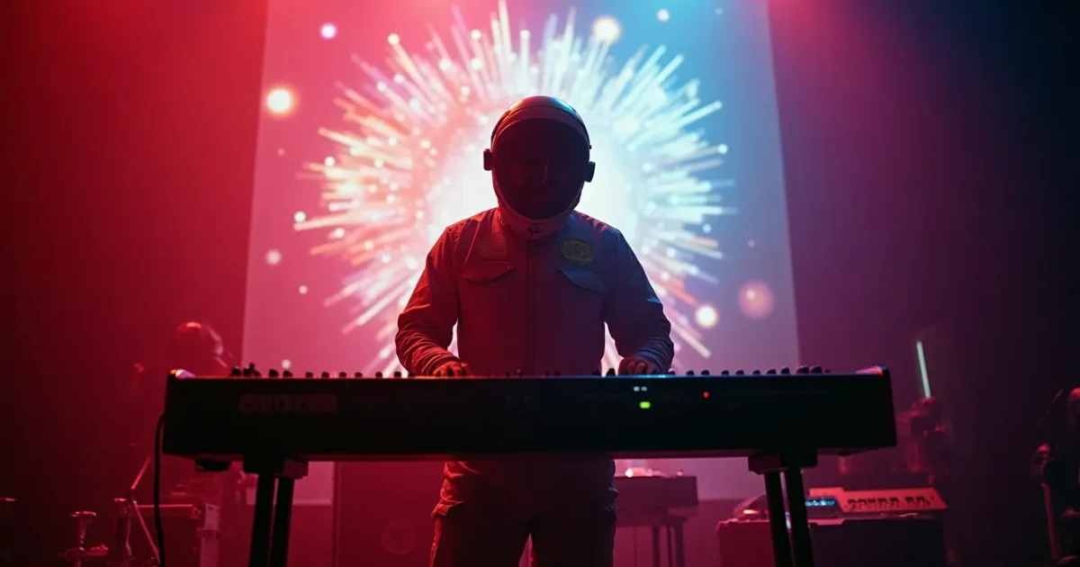 Didier Marouani в скафандре за клавишами Moog на сцене Space, 1977, проекция звёзд на фоне