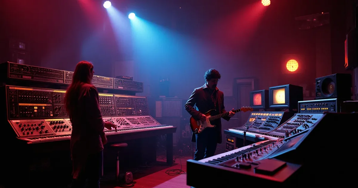 Recording studio in 1977, Moog Modular synthesizer filling a wall, oscilloscope on the console, cosmic aesthetic, dark starfield background