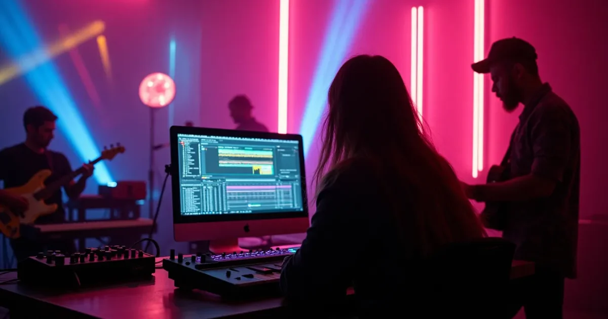 Modern space disco studio - DAW on monitor, analog synthesizer, Koto and Laserdance vinyl