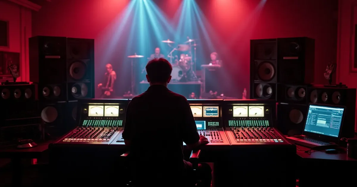 SSL 4000 mixing console in a dim 1980s studio, VU meters glowing, producer at the faders
