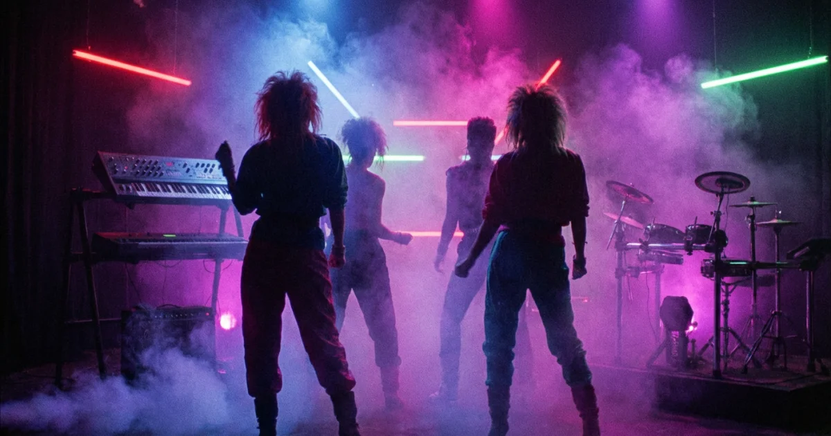 Кадр из типичного клипа Italo Disco середины 80-х - неон, дым-машина, силуэты танцующих