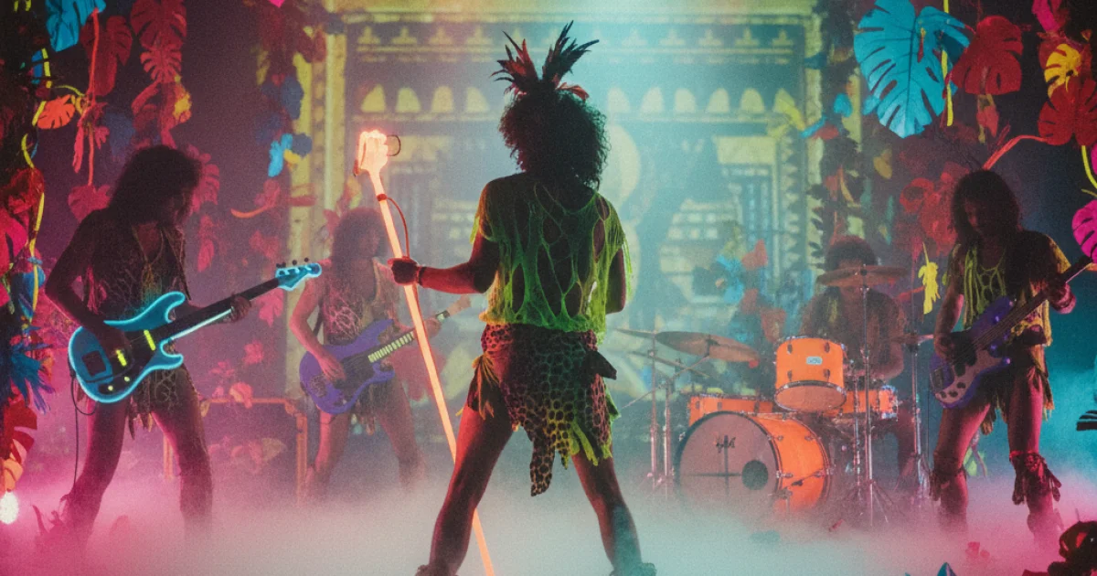 Jimmy McShane of Baltimora 1985, jungle styling from the “Tarzan Boy” video, neon palette