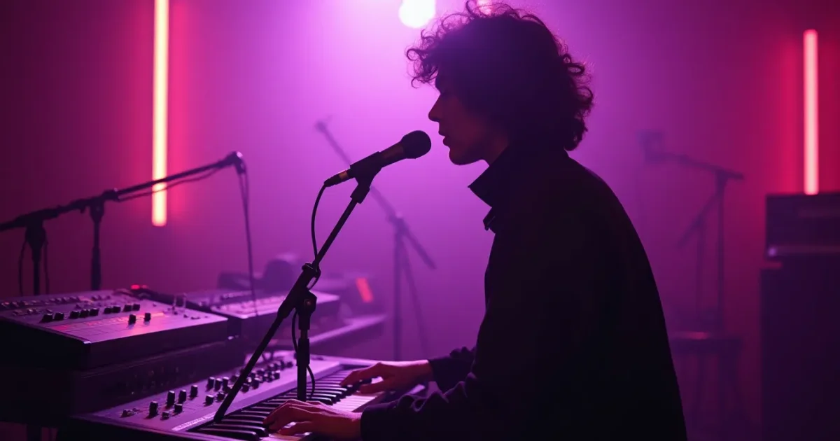 German recording studio in 1985, silhouette of vocalist behind microphone, synthesizer keys, neon-purple lighting