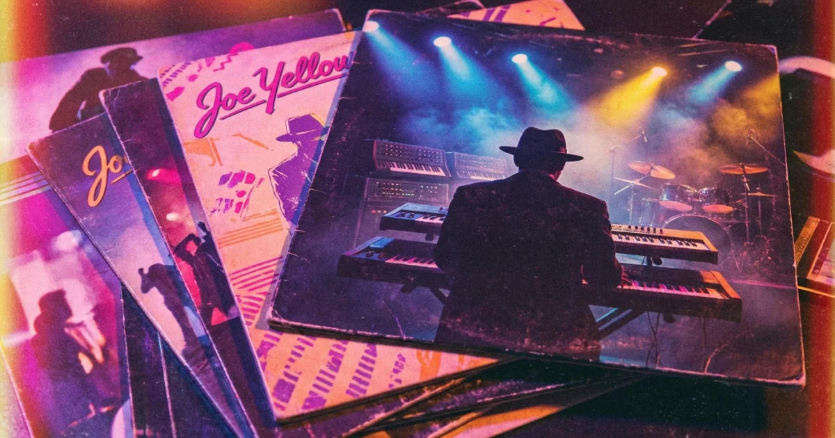 A stack of Joe Yellow vinyl records from different years, signature '80s sleeves
