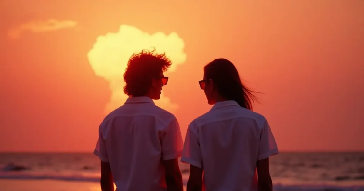 Two silhouettes in white shirts and sunglasses on a beach - sunset, a mushroom cloud silhouette on the horizon, neon colours