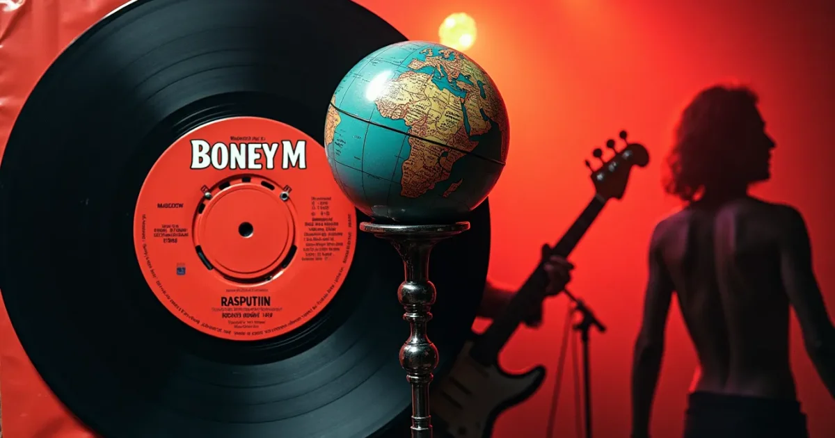 vinyl sleeve of Boney M Rasputin 1978 single next to a Soviet record of Moscow Nights, between them a globe with Moscow and Munich marked, retro-collage style