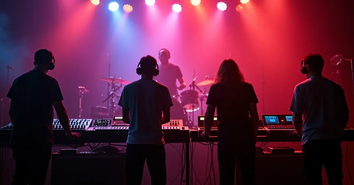 Four 80s drum machines on one pattern: Roland TR-808, Linn LM-1, Oberheim DMX and Roland TR-707 in a row on a studio stand